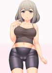  bare_shoulders bike_shorts blush breasts brown_eyes brown_hair cameltoe camisole eyebrows large_breasts looking_at_viewer midriff myouan navel original shiny shiny_skin shirt short_hair skindentation solo taut_clothes taut_shirt thick_eyebrows 