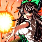  :d arm_cannon bow breasts brown_hair hair_bow huge_breasts impossible_clothes large_breasts long_hair looking_at_viewer open_mouth red_eyes reiuji_utsuho smile solo touhou umigarasu_(kitsune1963) very_long_hair weapon 