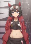  1girl absurdres akira_(manga) black_hair black_tank_top breasts canon_(company) cleavage coat collarbone commission cowboy_shot crop_top ear_covers goggles goggles_on_head grey_eyes hair_between_eyes hibiki_(zerocodo) highres horse_girl kaneda_shoutarou&#039;s_bike looking_at_viewer midriff navel open_clothes open_coat original personification pixiv_commission red_coat short_hair smile solo tank_top umamusume 