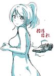  2015 ayase_eli back_to_the_future birthday breasts butt_crack dated delorean electricity looking_at_viewer looking_back love_live! love_live!_school_idol_project medium_breasts nude ponytail scrunchie sketch smile solo spot_color tata_(tataice) 