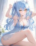  1girl ahoge aria_(ariacue) arm_behind_head armpits arms_up babydoll bare_legs bare_shoulders blue_babydoll blue_bow blue_hair blue_panties blurry blurry_background blush bow breasts cleavage collarbone curtains double-parted_bangs elf feet_out_of_frame hair_between_eyes hair_ribbon highres hololive knee_up large_breasts long_hair looking_at_viewer panties pointy_ears ribbon sitting smile solo thighs two_side_up underwear virtual_youtuber white_ribbon window yellow_eyes yukihana_lamy 