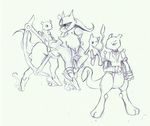  2009 ambiguous_gender anthro arceus bottomless clothed clothing fan_character feline feral fur group half-dressed legendary_pok&eacute;mon mammal mew mewtwo monochrome nintendo nude pencil_(artwork) pok&eacute;mon size_difference sketch tigerlilylucky traditional_media_(artwork) tuft video_games 