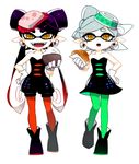  2girls aori_(splatoon) black_hair bow bread brown_eyes commentary_request detached_collar domino_mask dress earrings fangs food food_on_head gloves green_legwear grey_hair hand_on_hip holding holding_food hotaru_(splatoon) jewelry long_hair looking_at_viewer mask mole mole_under_eye multiple_girls object_on_head open_mouth pantyhose pointy_ears red_legwear rice sango_(y1994318) shoes short_dress short_hair short_jumpsuit smile splatoon_(series) splatoon_1 standing strapless strapless_dress tentacle_hair white_background white_gloves 