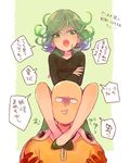  1girl :o angry bald black_dress blank_eyes breasts cape carrying clenched_teeth crossed_arms crossed_legs dress flipped_hair green_eyes green_hair looking_down ofune one-punch_man open_mouth saitama_(one-punch_man) short_hair shoulder_carry small_breasts speech_bubble talking tatsumaki teeth text_focus translated 