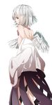  back bad_id bad_pixiv_id breasts dress flat_chest from_behind kishin_sagume long_sleeves looking_at_viewer nipples off_shoulder ogami_ren open_clothes open_vest purple_dress red_eyes short_hair silver_hair simple_background single_wing solo touhou vest white_background wings 