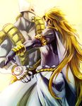  armband blonde_hair cape dio_brando facial_mark heaven_ascended_dio highres jojo_no_kimyou_na_bouken jojo_no_kimyou_na_bouken:_eyes_of_heaven kabane_(follabi) long_hair male_focus purple_skin red_eyes stand_(jojo) the_world_over_heaven very_long_hair wrist_cuffs 