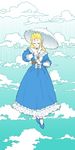  bare_shoulders blonde_hair blue_dress closed_eyes cloud desutoro dress erina_pendleton full_body gloves highres jojo_no_kimyou_na_bouken midair phantom_blood rain solo tears umbrella white_gloves 