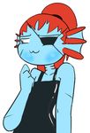  2015 :3 blue_skin blush clothing eye_patch eyewear female fish hair marine monster neko_3240 simple_background smile solo undertale undyne video_games 