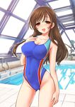  ass_visible_through_thighs breasts brown_eyes brown_hair competition_swimsuit highleg highleg_swimsuit idolmaster idolmaster_cinderella_girls idolmaster_cinderella_girls_starlight_stage inoue_tomii large_breasts long_hair nitta_minami one-piece_swimsuit open_mouth pool rei_no_pool smile solo swimsuit 