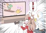  1boy 1girl absurdres almond_eye_(umamusume) anger_vein animal_ears baseball_bat braided_sidelocks brown_hair controller emphasis_lines flat_screen_tv game_console game_controller gutei_tei highres holding holding_baseball_bat holding_controller holding_game_controller horse_ears horse_girl jacket long_hair nintendo nintendo_64 nintendo_64_controller pants pikachu pokemon pokemon_(creature) red_jacket red_pants red_track_suit super_smash_bros. t-head_trainer_(umamusume) television tracen_training_uniform track_jacket track_pants track_suit trainer_(umamusume) translated umamusume yoshi 