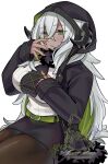  1girl akio_(akio1124) belt_buckle black_hat black_pantyhose black_skirt blush breasts buckle demon_girl demon_horns green_nails hair_between_eyes hat highres hood hooded_sweater horns large_breasts long_hair long_sleeves original pantyhose simple_background skirt sleeves_past_wrists solo sweater white_background white_sweater 