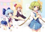  3girls absurdres all_fours aqua_eyes aqua_skirt aqua_vest ascot back_bow black_skirt black_vest blonde_hair blue_dress blush bow bow_legwear candy character_name cirno crease daiyousei dress fairy_wings food frilled_shirt_collar frills green_eyes green_hair hair_bow highres holding holding_candy holding_food holding_lollipop ice ice_wings lollipop long_sleeves looking_at_viewer masaru.jp mouth_hold multiple_girls neck_ribbon plaid_clothes plaid_skirt puffy_short_sleeves puffy_sleeves red_ascot red_eyes red_ribbon ribbon rumia scan shirt short_hair short_sleeves sitting skirt skirt_set socks star_(symbol) third-party_source touhou translation_request vest white_bow white_shirt white_socks wings wrist_cuffs yellow_ascot yellow_bow yokozuwari 