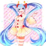  anniversary bad_id bad_pixiv_id blue_eyes blue_hair candle character_name dated dress food fruit hair_ornament hatsune_miku highres kisaragi_yuu_(fallen_sky) long_hair pantyhose solo strawberry striped striped_background striped_legwear twintails very_long_hair vocaloid yellow_dress 