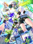  aqua_hair belt bike_shorts blue_eyes classic_squiffer_(splatoon) commentary diving_mask diving_mask_on_eyes domino_mask dutch_angle dynamo_roller_(splatoon) elbow_pads explosive fingerless_gloves gloves green_hair grenade gun headphones hero_charger_(splatoon) highres holding holding_weapon inkling long_hair looking_at_viewer looking_down mask multiple_girls orange_hair oversized_object paint_roller paint_splatter pointy_ears print_legwear rifle shirt shoes single_vertical_stripe sitting smile sneakers sniper_rifle snorkel snorkel_in_mouth socks splatoon_(series) splatoon_1 standing suction_bomb_(splatoon) t-shirt tentacle_hair weapon white_legwear wristband zoff_(daria) 