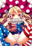  american_flag_dress american_flag_legwear blonde_hair blush breasts cameltoe clownpiece covered_nipples double_v fua_yuu hat jester_cap long_hair looking_at_viewer lying on_back panties partially_visible_vulva red_eyes small_breasts smile solo spread_legs thighhighs touhou underwear v white_panties 