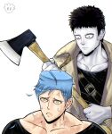  2boys absurdres alternate_hairstyle anger_vein axe black_hair bloodshot_eyes blue_hair choso_giving_toudou_a_haircut_(meme) colored_skin commentary devovas english_commentary flattop frown highres holding holding_axe male_focus meme multiple_boys muscular muscular_male one-punch_man red_eyes signature sweet_mask veiny_face white_skin yellow_eyes zombieman 