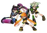  aori_(splatoon) commentary domino_mask english_commentary gun hero_charger_(splatoon) hero_roller_(splatoon) hero_shot_(splatoon) hotaru_(splatoon) ink_tank_(splatoon) inkling mask multiple_girls paint_roller rifle simple_background sniper_rifle splatoon_(series) splatoon_1 squidbeak_splatoon water_gun weapon white_background wong_ying_chee 