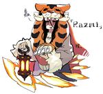  :d bangs fire fur_trim hair_between_eyes holding indivisible lantern long_hair long_sleeves open_mouth pale_skin pelt razmi_(indivisible) shazhiqiao simple_background smile solo tiger tiger_pelt white_background 