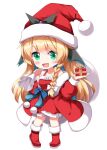  1girl :d bare_shoulders blonde_hair blue_sash blush boots bow box braid chibi chibi_only coat collarbone commentary_request dress full_body gift gift_box green_eyes hair_bow hands_up hat highres holding holding_box indie_virtual_youtuber long_hair long_sleeves looking_at_viewer midorima_caroline open_clothes open_coat open_mouth pom_pom_(clothes) red_boots red_coat red_dress ruu_(tksymkw) sack santa_costume santa_dress santa_hat sash simple_background single_braid smile solo standing white_background white_bow 