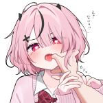  1girl cardigan finger_in_another&#039;s_mouth hair_between_eyes heart heart-shaped_pupils highres looking_at_viewer medium_hair one_eye_covered original pink_cardigan pink_eyes pink_hair red_ribbon ribbon saliva saliva_trail shirt simple_background symbol-shaped_pupils tongue waka_(wk4444) white_background white_shirt 