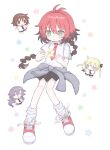  4girls absurdres antenna_hair black_ribbon blonde_hair blue_hair braid brown_eyes brown_hair chibi closed_eyes closed_mouth goshiki_agiri green_eyes highres holding holding_knife kill_me_baby killmint knife long_hair multicolored_hair multiple_girls necktie open_mouth oribe_yasuna parted_lips red_hair red_necktie ribbon shirt shoes short_hair short_sleeves single_braid sneakers socks sonya_(kill_me_baby) twintails unused_character_(kill_me_baby) white_shirt white_socks 