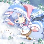  animal animal_ears blue_eyes blue_hair braid fur_trim hat koyomi_(shironeko_project) lying mittens multiple_braids on_side rukotan scarf shironeko_project short_hair smile snow snowing snowman solo tarou_(shironeko_project) winter winter_clothes wolf wolf_ears 