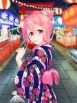  alternate_hairstyle apple blush candy_apple festival fish food fruit hacka_doll hacka_doll_2 hair_bun highres japanese_clothes kimono kirise_(pixiv) koi long_hair looking_at_viewer pink_eyes pink_hair smile solo summer yukata 