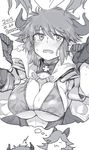  1girl 2015 :3 artist_name bangs bikini_top blush breasts cape cleavage closed_eyes cross cross_earrings dated drang_(granblue_fantasy) draph earrings erune gloves granblue_fantasy greyscale hair_between_eyes highres horns imagining jewelry large_breasts looking_up monochrome pointy_ears short_hair sideboob simple_background solo_focus sturm_(granblue_fantasy) sweat teruyof thought_bubble underboob wavy_mouth white_background wrist_grab yugami_gooshu 