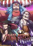  3boys absurdres ascot beard black_hair blue_hair buggy_the_clown cigar commentary crocodile_(one_piece) curiyakiimo dracule_mihawk facial_hair hair_slicked_back hat highres hook_hand looking_at_viewer makeup male_focus multiple_boys mustache one_piece orange_ascot red_nose smile stitched_face stitches yellow_eyes 