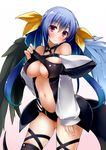  blue_hair blush breasts dd_mayohara dizzy guilty_gear large_breasts long_hair looking_at_viewer navel red_eyes simple_background solo thighhighs twintails underboob white_background wings 