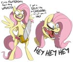  2013 alpha_channel blue_eyes chainsaw creepy dialogue dildo english_text equine female fluttershy_(mlp) friendship_is_magic fur hair hotdiggydaemon mammal my_little_pony nightmare_fuel pegasus pink_hair sex_toy shed.mov solo strapon text tools wings yellow_fur 