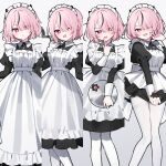  1girl :d :o ;d ? @_@ apron black_dress black_hair black_shoes blush commentary_request dress fang full_body hair_over_one_eye heart heart-shaped_pupils highres holding holding_tray index_finger_raised long_sleeves maid maid_headdress multicolored_hair multiple_views one_eye_closed original pantyhose pink_eyes pink_hair shoes simple_background skirt_hold smile streaked_hair sweatdrop symbol-shaped_pupils tray v-shaped_eyebrows waka_(wk4444) white_apron white_background white_pantyhose 