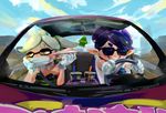  aori_(splatoon) black_hair car cup earrings grin ground_vehicle hotaru_(splatoon) jewelry long_hair mole mole_under_eye motor_vehicle mouth_guard multiple_girls object_on_head paper_airplane pointy_ears smile splatoon_(series) splatoon_1 steering_wheel stup-jam sunglasses tentacle_hair 