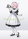  1girl ;d absurdres apron black_dress black_hair black_shoes dress fang full_body hair_over_one_eye heart heart-shaped_pupils highres holding holding_tray long_sleeves maid maid_headdress multicolored_hair one_eye_closed original pantyhose pink_eyes pink_hair shoes simple_background smile solo streaked_hair symbol-shaped_pupils tray waka_(wk4444) white_apron white_background white_pantyhose 