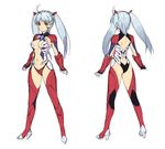  ass blue_hair bodysuit bridal_gauntlets full_body hair_ornament leotard long_hair multiple_views original red_eyes simple_background thighhighs turnaround twintails uchiu_kazuma white_background 