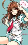  brown_eyes brown_hair harino646 kantai_collection kuma_(kantai_collection) long_hair salute school_uniform serafuku shorts solo translated 