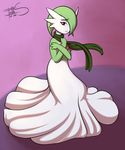  clothing dress eyelashes freckles_(artist) gardevoir green_hair hair hi_res ivana kneeling nintendo pok&eacute;mon red_eyes scarf video_games white_skin 