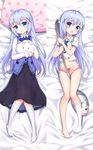  :o barefoot bed_sheet blue_eyes blue_hair chestnut_mouth cream cream_on_face dakimakura drogoth flat_chest food food_on_face gochuumon_wa_usagi_desu_ka? hair_ornament hairclip highres kafuu_chino kafuu_chino's_school_uniform kneehighs long_hair lying multiple_views navel nipples no_pants no_shoes on_back oversized_object panties pillow polka_dot polka_dot_pillow rabbit_house_uniform school_uniform single_kneehigh skirt spoon thigh_gap tippy_(gochiusa) torn_clothes underwear white_legwear x_hair_ornament 