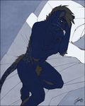  bed bed_sheet black_hair blue_fur feline feralise fur hair half-closed_eyes kemper lying male mammal nude on_bed on_side pillow 