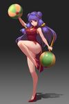  :o absurdres bangs bell breasts china_dress chinese_clothes cleavage cleavage_cutout double_bun dress dual_wielding full_body gradient gradient_background hair_bell hair_ornament high_heels highres holding leg_up long_hair mace medium_breasts no_socks pandako purple_eyes purple_hair ranma_1/2 red_dress red_footwear shadow shampoo_(ranma_1/2) shoes side_slit sleeveless sleeveless_dress solo standing standing_on_one_leg taut_clothes weapon 