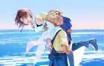  1boy 1girl black_boots blonde_hair blue_skirt boots brown_hair carrying carrying_over_shoulder carrying_person closed_eyes commentary detached_sleeves final_fantasy final_fantasy_x floating_hair grin hashtag-only_commentary highres ocean open_mouth outdoors short_sleeves skirt smile sophie_(693432) tidus water yuna_(ff10) 