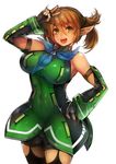  :d black_legwear breasts brown_hair cowboy_shot dress elbow_gloves fingerless_gloves gloves green_eyes hair_between_eyes hair_ornament hairclip hand_on_hip highres large_breasts long_pointy_ears luco_san open_mouth patty_(pso2) phantasy_star phantasy_star_online_2 pointy_ears short_dress shorts smile solo thighhighs twintails v 