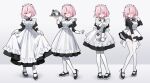  1girl :d :o ;d ? @_@ absurdres apron black_dress black_hair black_shoes blush commentary_request dress fang full_body hair_over_one_eye heart heart-shaped_pupils highres holding holding_tray index_finger_raised long_sleeves maid maid_headdress multicolored_hair multiple_views one_eye_closed original pantyhose pink_eyes pink_hair shoes simple_background skirt_hold smile streaked_hair sweatdrop symbol-shaped_pupils tray v-shaped_eyebrows waka_(wk4444) white_apron white_background white_pantyhose 