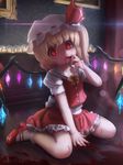  bat_wings blonde_hair blood blood_on_face blood_on_fingers bow buttons candle flandre_scarlet hat hat_bow highres indoors looking_at_viewer mary_janes mob_cap novcel red_eyes shoes sitting skirt socks solo touhou wariza white_legwear wings wooden_floor 