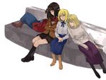  ahoge aozaki_aoko arcueid_brunestud artoria_pendragon_(all) boots closed_eyes coat couch crossed_arms crossover fate/stay_night fate_(series) girl_sandwich hand_on_hip hands_in_pockets hands_on_lap high-waist_skirt kara_no_kyoukai leaning leaning_on_person long_hair long_skirt long_sleeves lsunl mahou_tsukai_no_yoru miniskirt multiple_crossover multiple_girls open_mouth purple_skirt ryougi_shiki saber sandwiched school_uniform shoes short_hair sitting skirt sleeping socks tsukihime type-moon 