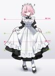 1girl :o ? absurdres apron black_dress black_hair black_shoes dress full_body hair_over_one_eye heart heart-shaped_pupils highres like_and_retweet long_sleeves maid maid_headdress multicolored_hair original pantyhose pink_eyes pink_hair shoes simple_background skirt_hold solo streaked_hair symbol-shaped_pupils twitter_strip_game waka_(wk4444) white_apron white_background white_pantyhose 