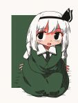  1girl black_eyes black_necktie blush green_skirt green_vest hair_between_eyes hairband highres kasuya_baian konpaku_youmu looking_at_viewer medium_hair necktie open_mouth seiza shirt sitting skirt smile solo touhou vest white_hair white_shirt 