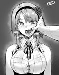  blush breasts dagashi_kashi drooling finger_in_another's_mouth flower greyscale hairband hands highres jjune looking_at_viewer medium_breasts monochrome open_mouth oral_invitation pov rose saliva shidare_hotaru short_hair sleeveless solo_focus teeth tongue tongue_out veins 