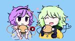  ^_^ blue_background closed_eyes eating eyeball food green_hair hamburger headband heart image_sample komeiji_koishi komeiji_satori maditsu multiple_girls pixiv_sample purple_eyes purple_hair third_eye touhou 