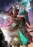  adjusting_goggles aqua_hair back_to_the_future beard delorean ekko_(league_of_legends) exaxuxer eyebrows facial_hair floating_hair goggles goggles_on_head highres league_of_legends mohawk multiple_boys parody pink_eyes silver_hair sword time_machine trait_connection watch weapon zilean 